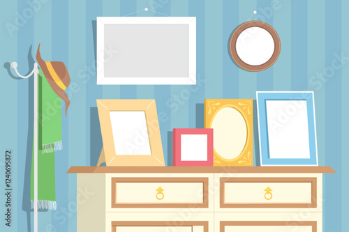 Empty blank frames for memory photo on chest of drawers vector illustration. Cozy home interior design