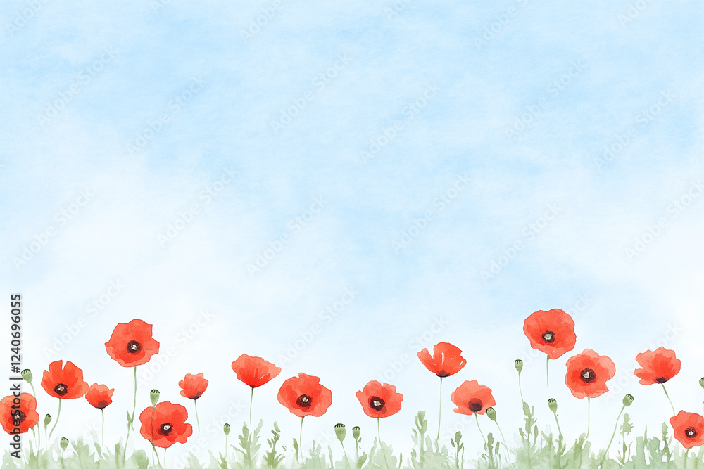Obraz premium 赤いポピーの花畑、青空、水彩イラスト