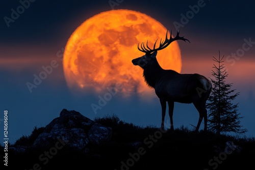 Majestic Elk Silhouette Against Full Moon in Mountainous Landscape photo