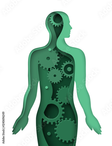 Human body organism work process with gear cogwheels design in paper cut craft. People anatomy and internal organ motion and functioning vector illustration