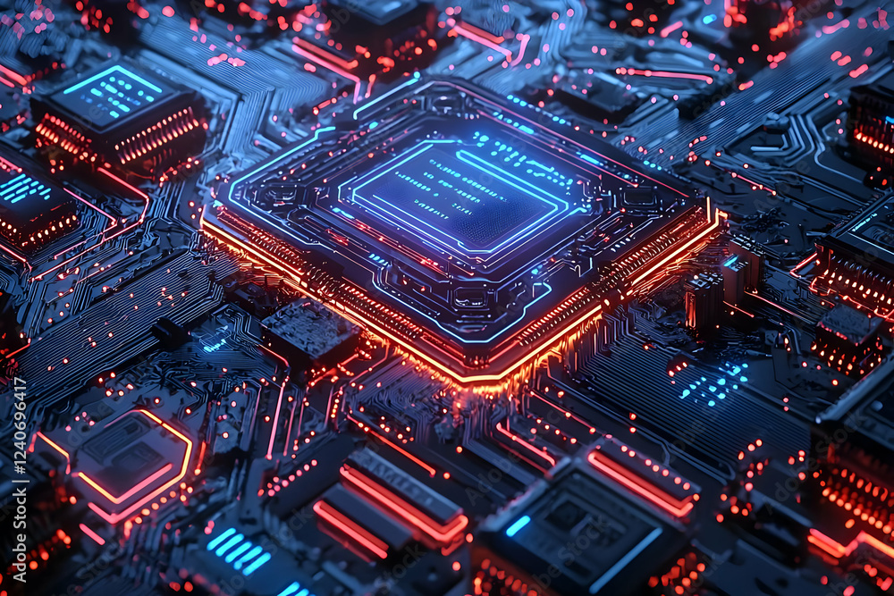 Circuit Board: Glowing Tech Details, Futuristic Design Circuit Board: Glowing Tech Details, Futuristic Design
