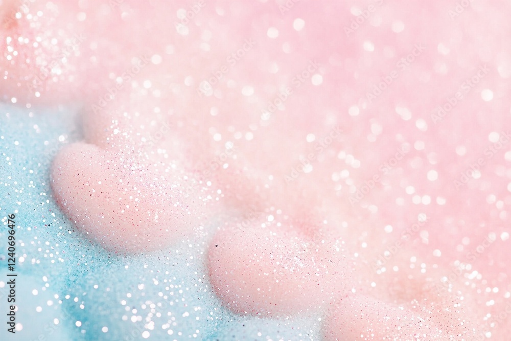 Fototapeta premium A beautiful pastel gradient unfolds from soft pink to baby blue, adorned with fine glitter that sparkles gently, creating a serene and enchanting effect perfect for brightening any space