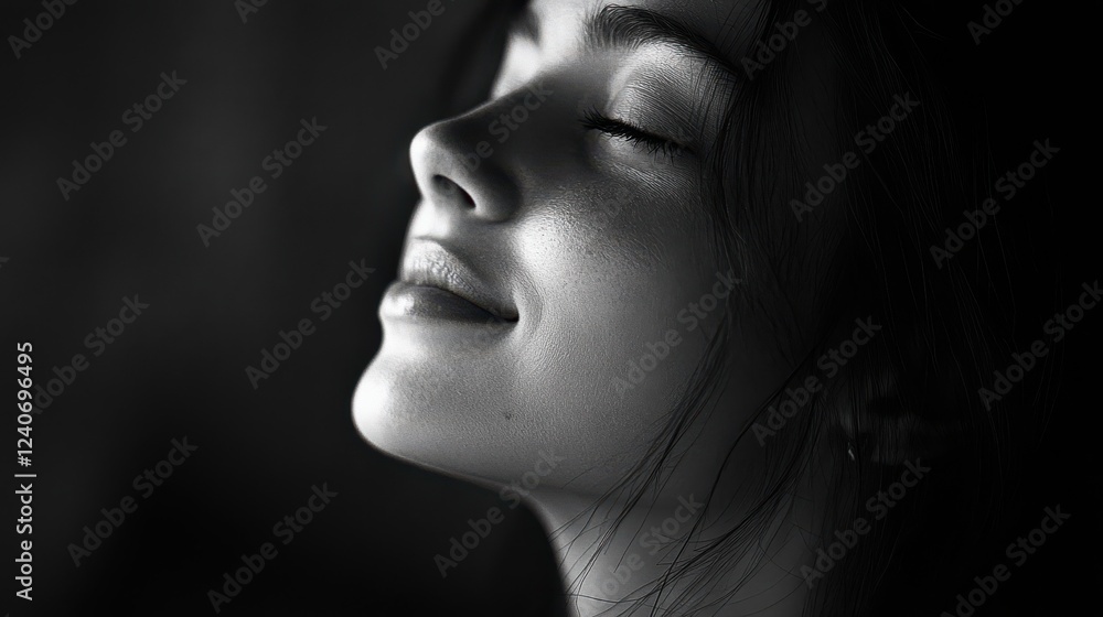 A serene black-and-white portrait of a woman with closed eyes, conveying tranquility and introspection. A serene black-and-white portrait of a woman with closed eyes, conveying tranquility and introspection.