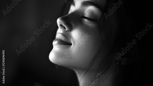 A serene black-and-white portrait of a woman with closed eyes, conveying tranquility and introspection.