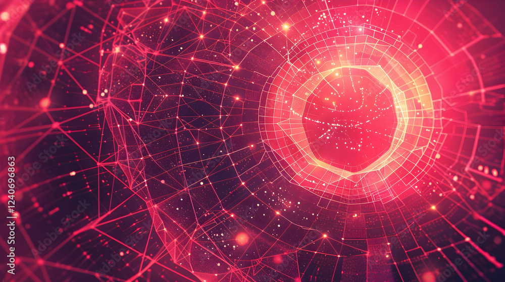 Fototapeta premium Abstract digital background featuring vibrant pink and red geometric patterns with glowing nodes