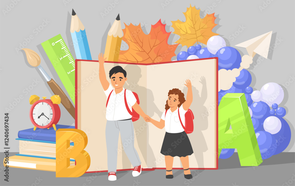 Happy schoolchildren rejoicing back to school and education posing over open book and stationery for studying photo zone vector illustration Happy schoolchildren rejoicing back to school and education posing over open book and stationery for studying photo zone vector illustration