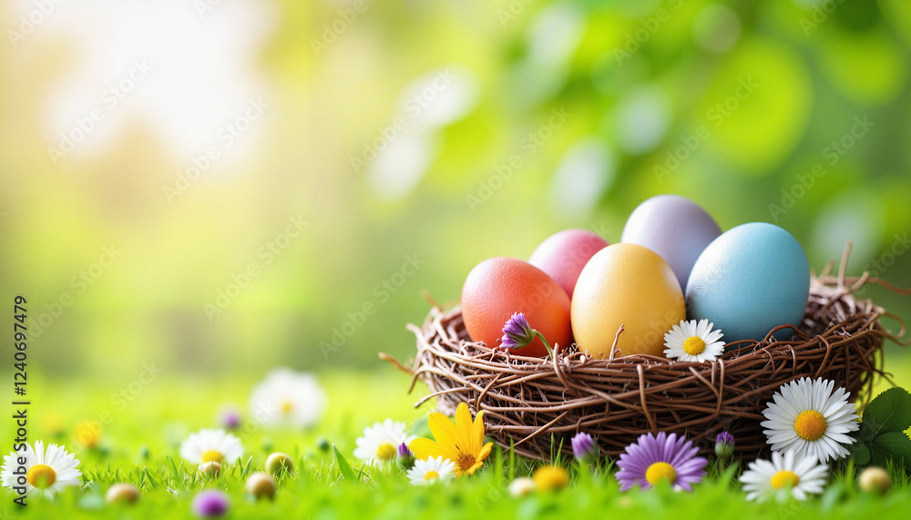 The Wheel of the Year. Colorful painted eggs in nest on grass, spring celebration concept The Wheel of the Year. Colorful painted eggs in nest on grass, spring celebration concept