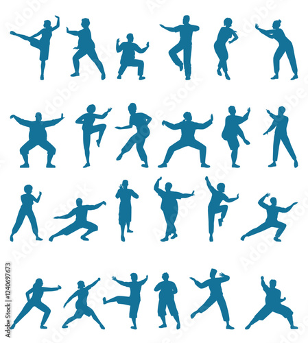 Tai chi people silhouettes isolated set. Male and female monochrome faceless figure practicing Chinese martial arts, geriatric gymnastics, spiritual techniques for health and wellbeing vector