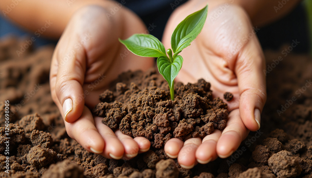 The Wheel of the Year. Farmer’s hands nurturing a young plant in rich soil, growth and sustainability The Wheel of the Year. Farmer’s hands nurturing a young plant in rich soil, growth and sustainability