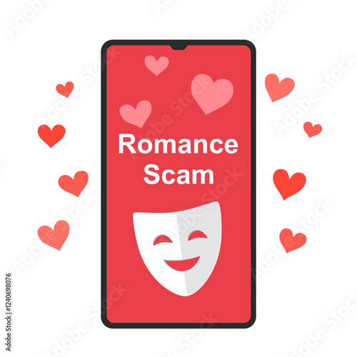 Romance scam on smartphone screen in flat design on white background.