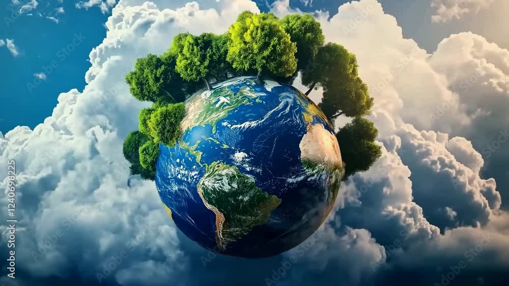 Sustainable Planet Earth with Lush Green Trees Surrounded by Clouds Symbolizing Ecology, Conservation, and Global Nature Care Sustainable Planet Earth with Lush Green Trees Surrounded by Clouds Symbolizing Ecology, Conservation, and Global Nature Care
