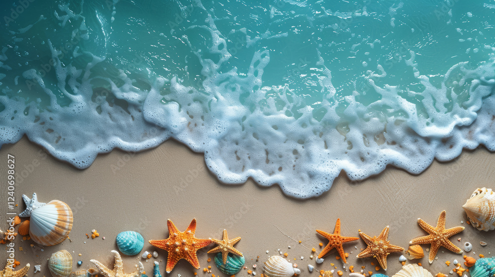 Naklejka premium Seashells and starfish on sandy beach with ocean waves 