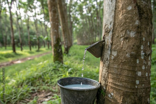 rubber tree leak liquid sap in bucket in plantation photo