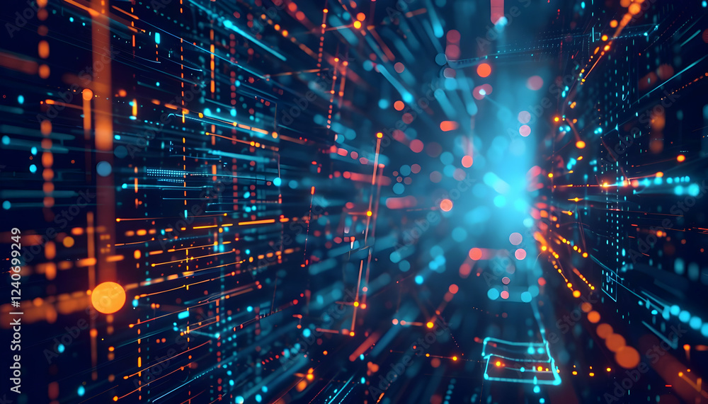 Obraz premium Abstract digital data flow with vibrant blue and orange lights creating a dynamic motion effect