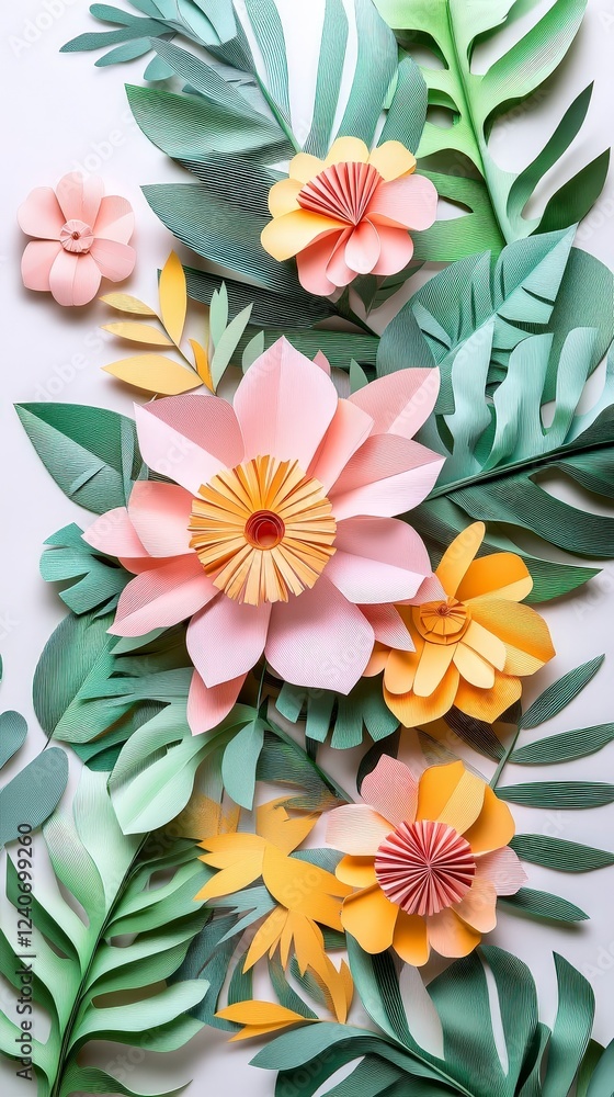 Colorful Paper Flowers and Leaves Arrangement on White Background Colorful Paper Flowers and Leaves Arrangement on White Background