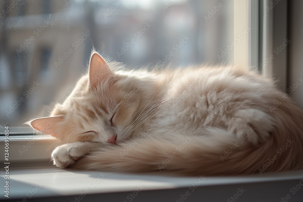 Fototapeta premium A fluffy cat sleeps comfortably on a windowsill, illuminated by soft sunlight. The natural light enhances the gentle colors of its fur, evoking a peaceful, dreamy ambiance