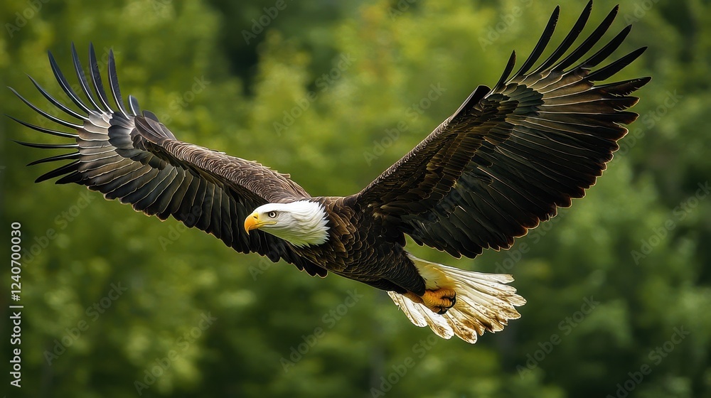 Fototapeta premium A majestic bald eagle soars gracefully above a lush green landscape, showcasing its powerful wings and striking plumage.