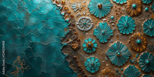 Abstract Turquoise Floral Pattern Relief Sculpture with Cracked Earth Texture Artistic Background