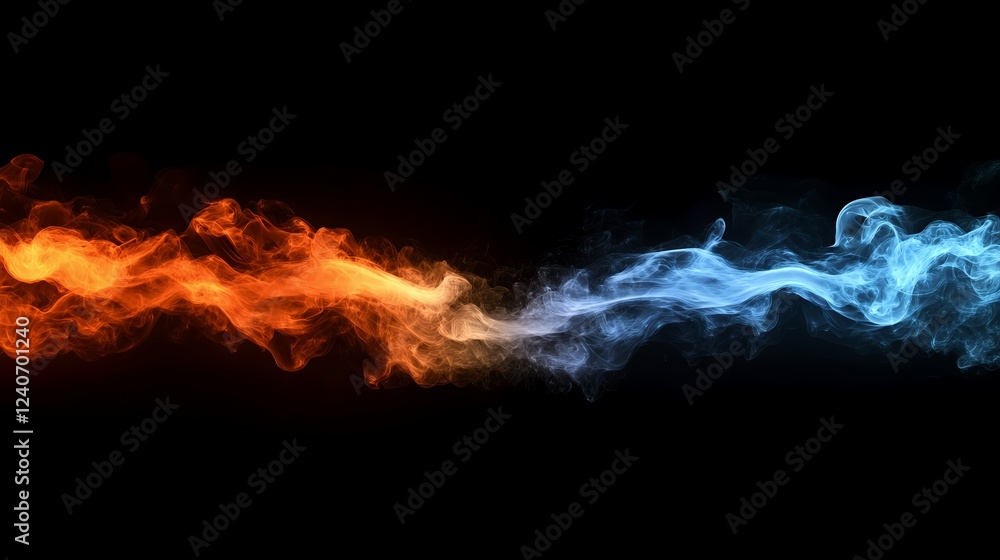 Fiery and icy swirls clashing against dark background, design element Fiery and icy swirls clashing against dark background, design element