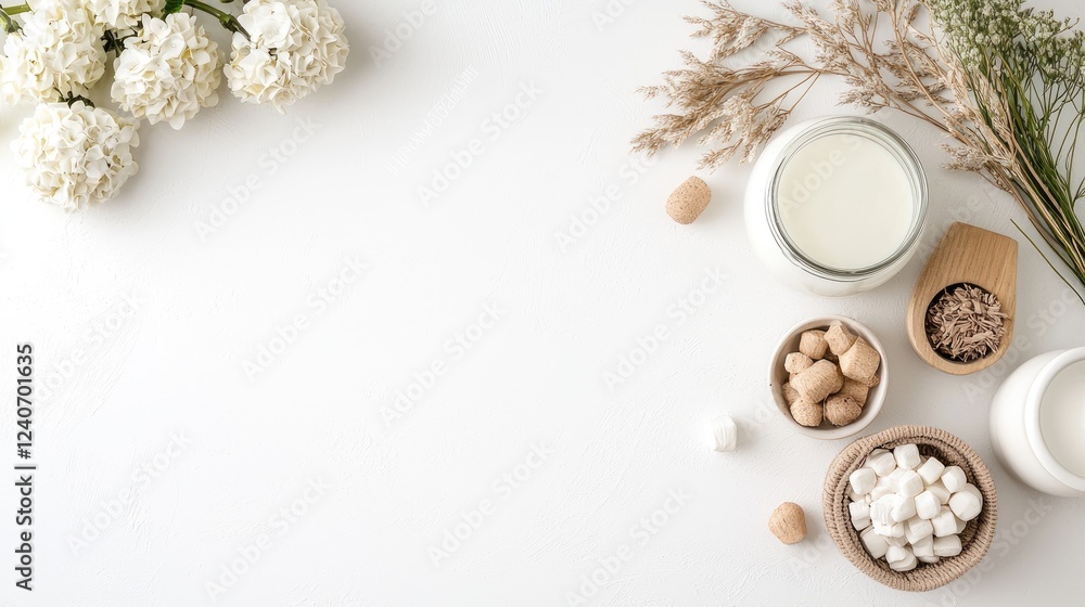 Flatlay of plant-based milk, grains, and sweets Flatlay of plant-based milk, grains, and sweets
