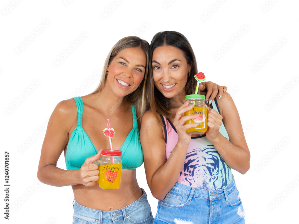 Two happy friends in swimsuit drinking an orange juice standing isolated over transparent background. PNG transparent. Two happy friends in swimsuit drinking an orange juice standing isolated over transparent background. PNG transparent.