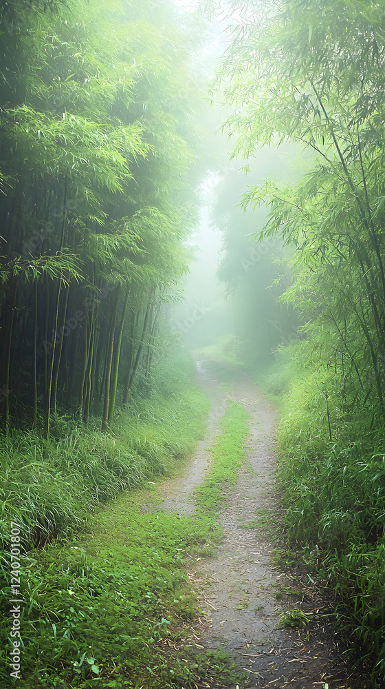 Obraz premium Misty Bamboo Forest Path: A Serene Journey