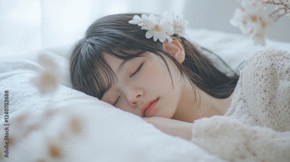 Young woman peacefully sleeping with flower in her hair Young woman peacefully sleeping with flower in her hair