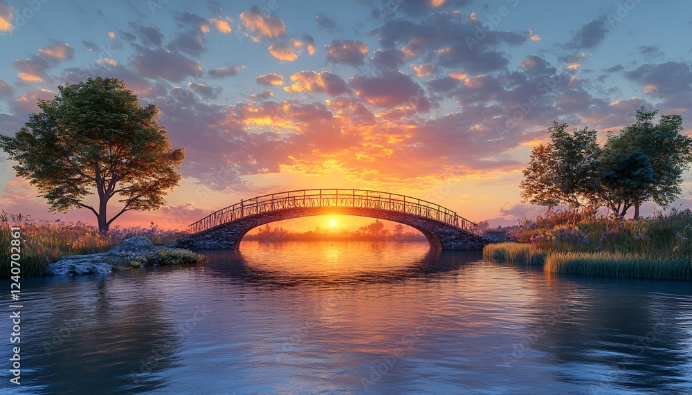 Naklejka premium A panoramic view of a bridge over a calm river with a glowing sunset behind