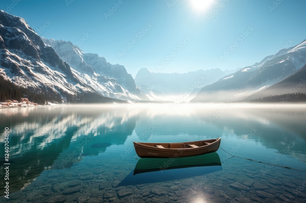 Serene Wooden Rowboat on Calm Mountain Lake at Sunrise Serene Wooden Rowboat on Calm Mountain Lake at Sunrise