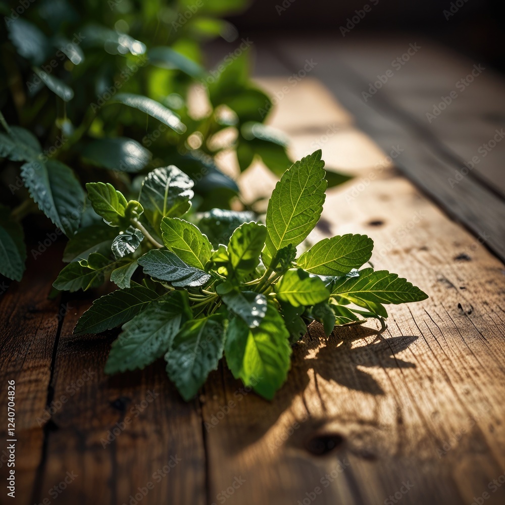  close-up shot of fresh herbs and green leaves on a wooden table, bathed in natural sunlight, showcasing the beauty of organic plants.







