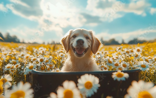 Happy golden retriever puppy in daisy field, sunny day. Pet photography, summer postcard photo