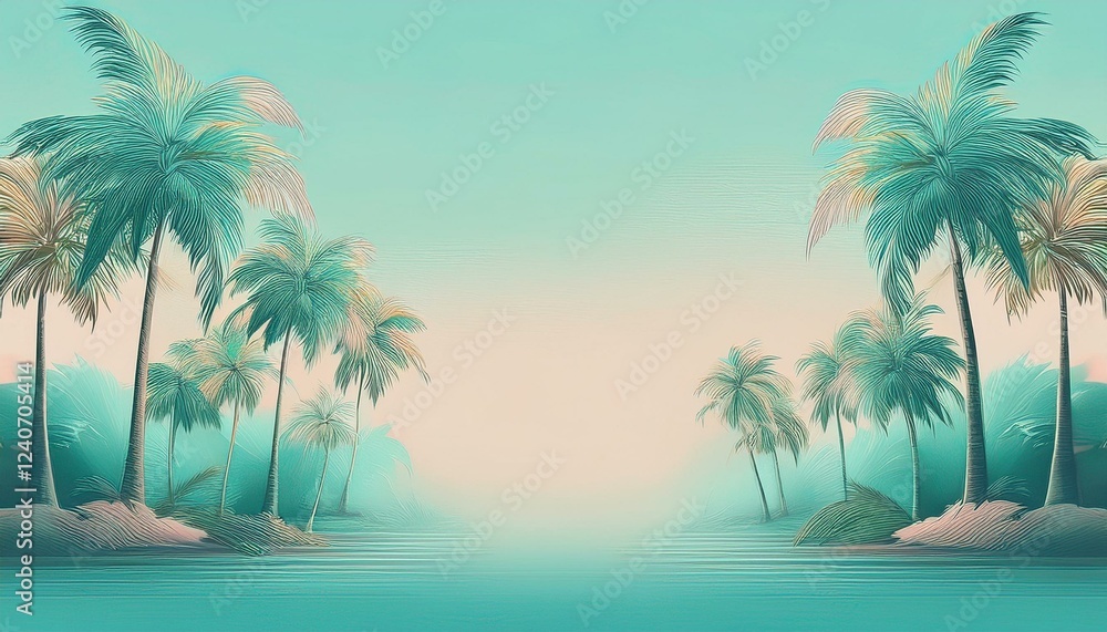 Obraz premium seamless border frame beautiful vibrant green palm trees on pastel background; copy space for your text