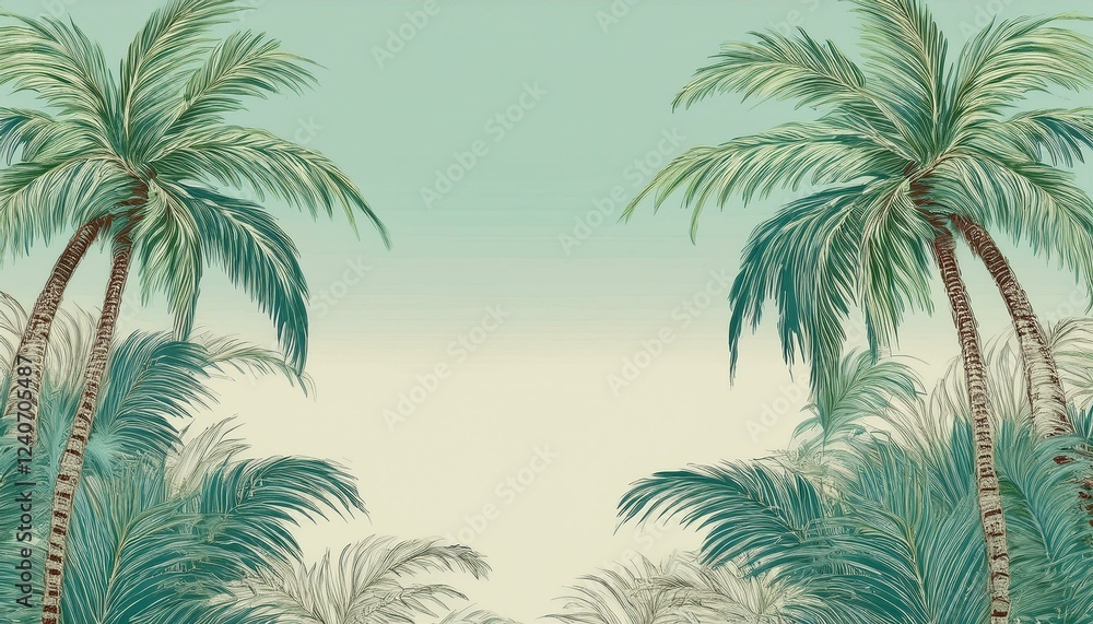 seamless border frame beautiful vibrant green palm trees on pastel background; copy space for your text seamless border frame beautiful vibrant green palm trees on pastel background; copy space for your text