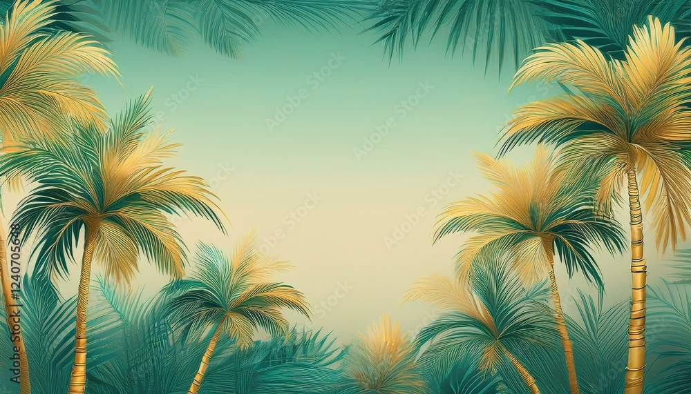 seamless border frame beautiful vibrant green palm trees on pastel background; copy space for your text seamless border frame beautiful vibrant green palm trees on pastel background; copy space for your text