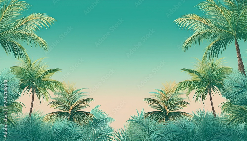 Fototapeta premium seamless border frame beautiful vibrant green palm trees on pastel background; copy space for your text