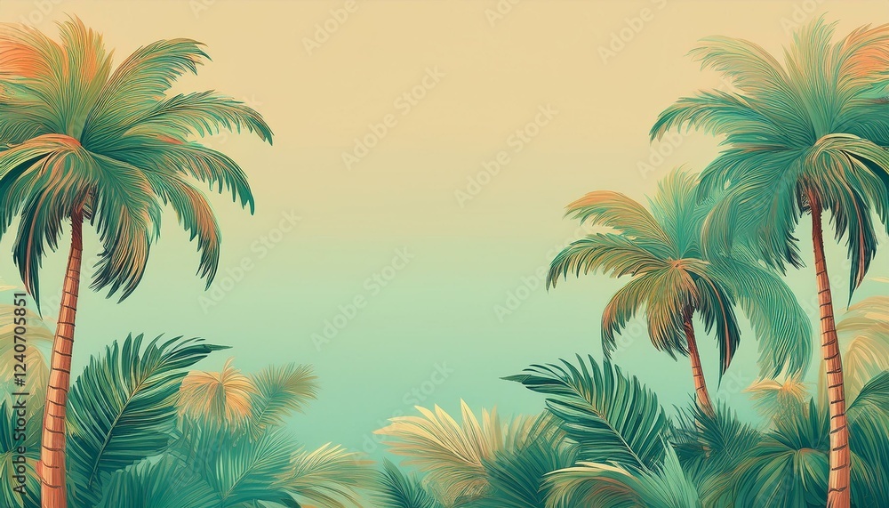 Fototapeta premium seamless border frame beautiful vibrant green palm trees on pastel background; copy space for your text