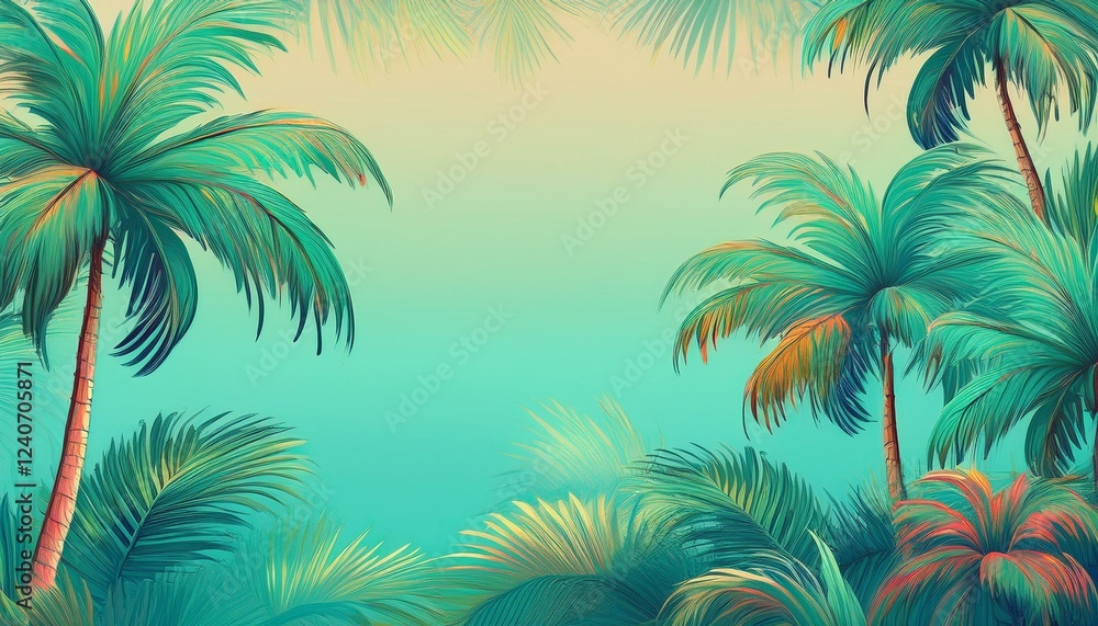 Fototapeta premium seamless border frame beautiful vibrant green palm trees on pastel background; copy space for your text