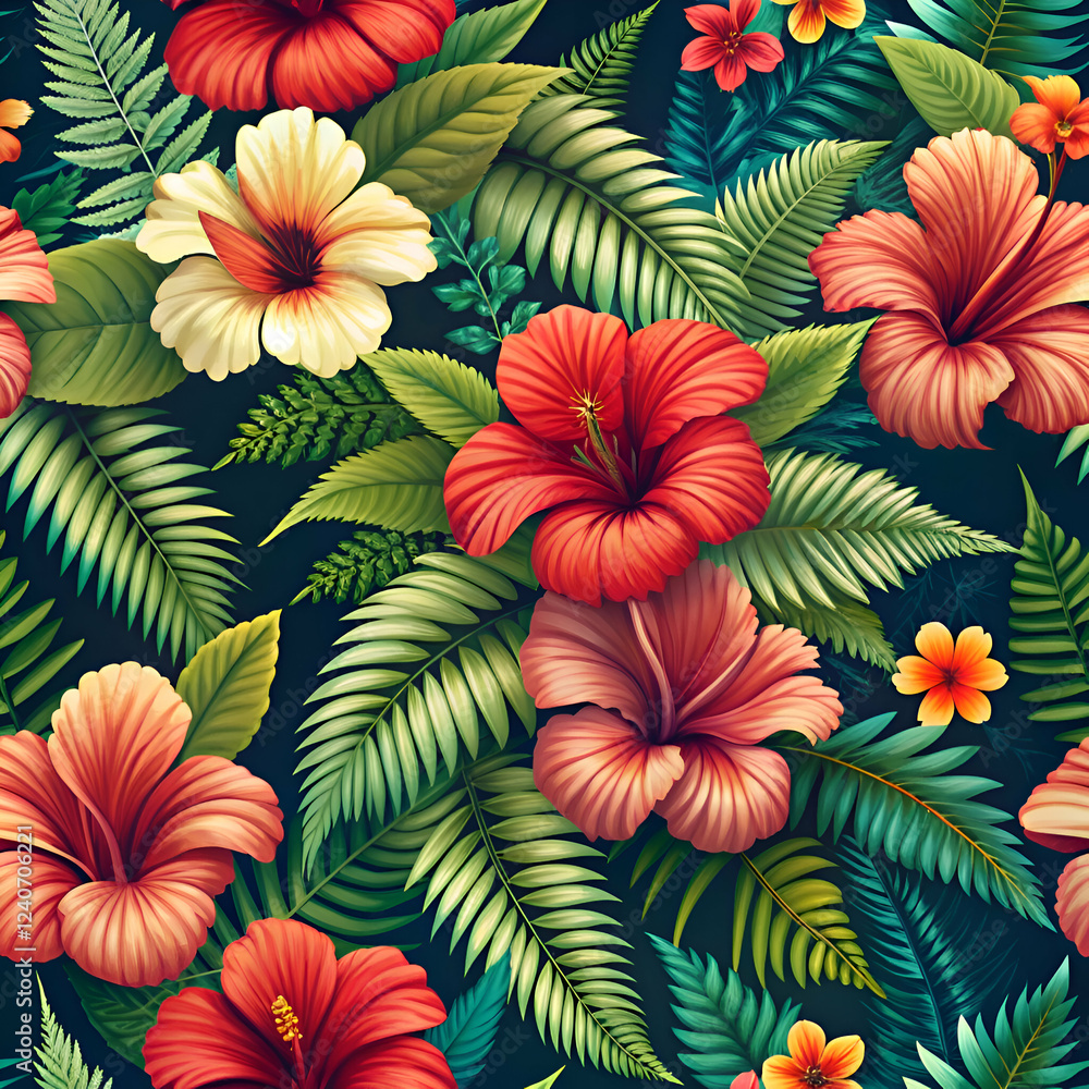 Tropical Hibiscus Flowers and Lush Greenery Pattern Tropical Hibiscus Flowers and Lush Greenery Pattern