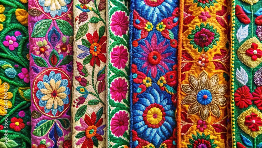 Embroidered Fabric Art with Intricate Floral Patterns Embroidered Fabric Art with Intricate Floral Patterns