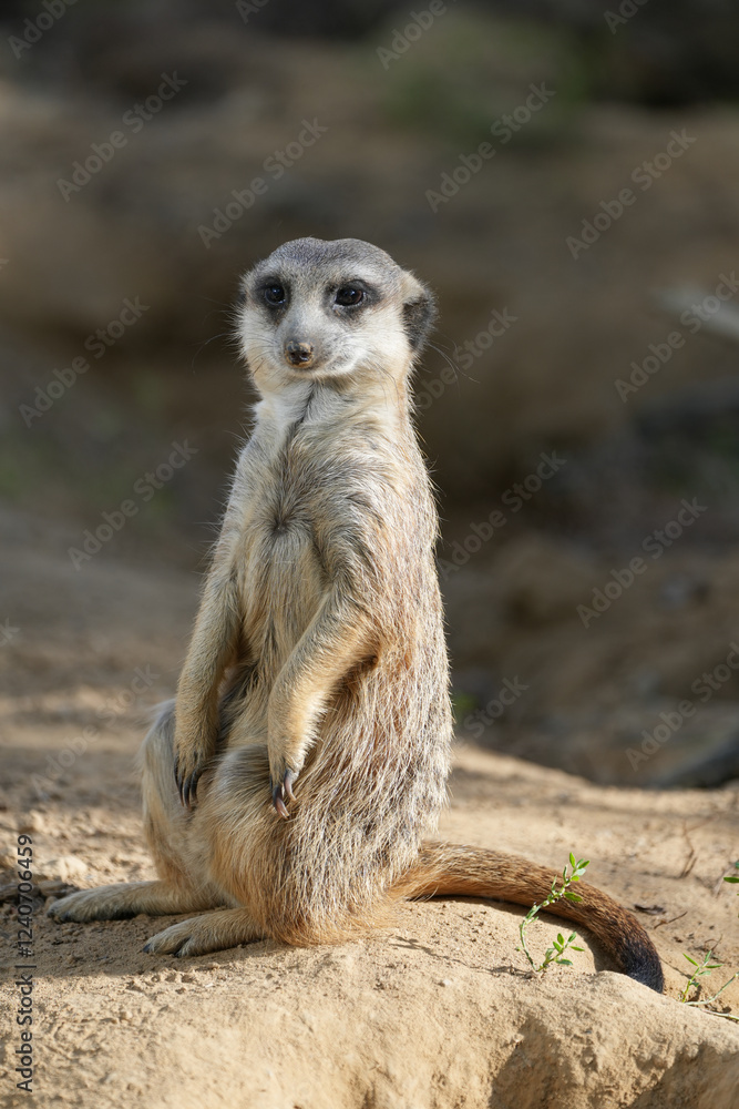 Fototapeta premium Portrait of a meerkat. Animal in close-up. Suricata suricatta. 
