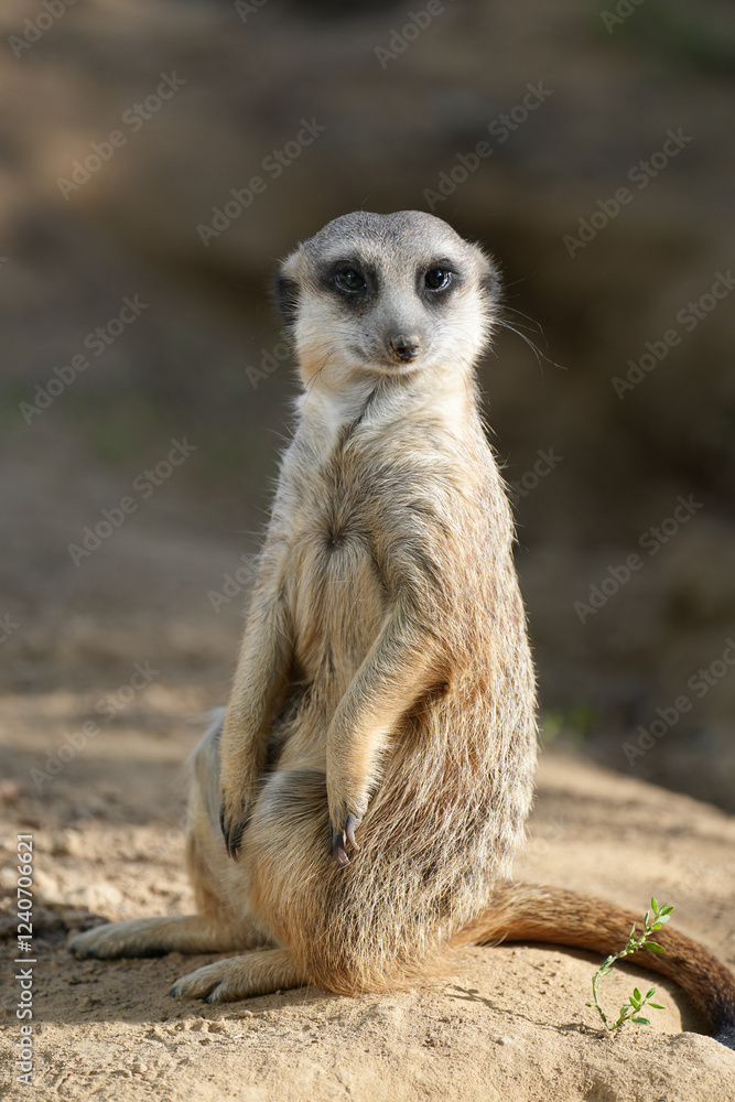Portrait of a meerkat. Animal in close-up. Suricata suricatta.
Portrait of a meerkat. Animal in close-up. Suricata suricatta.