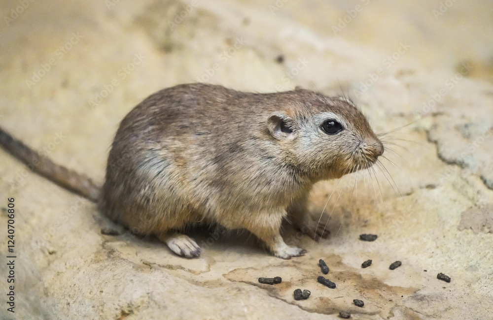 Portrait of a fat sand rat, Psammomys obesus. Rodent close-up. Gerbil.
Portrait of a fat sand rat, Psammomys obesus. Rodent close-up. Gerbil.