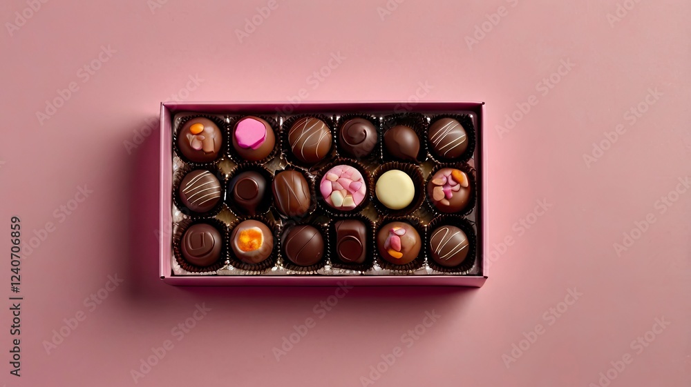 beautiful top-down illustration of an open box of gourmet chocolate candies on a pink background