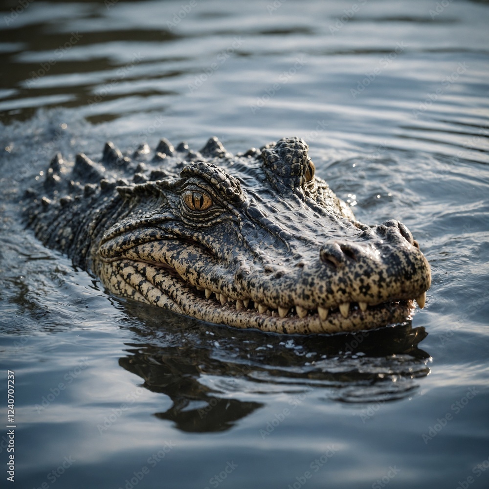 A crocodile’s head emerging from invisible water, with white all around. A crocodile’s head emerging from invisible water, with white all around.