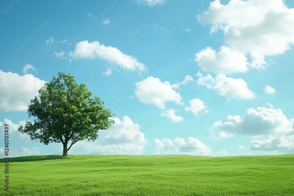 Open green landscape under a bright blue sky with fluffy clouds and a solitary tree in the afternoon light. Generative AI Open green landscape under a bright blue sky with fluffy clouds and a solitary tree in the afternoon light. Generative AI