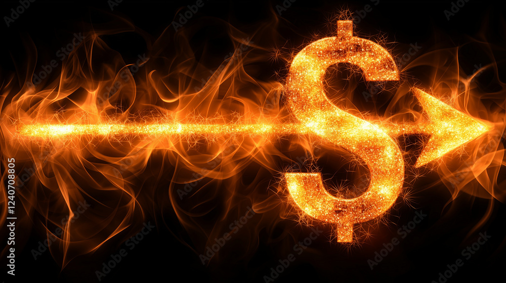 Fototapeta premium Fiery Dollar Symbol Surrounded by Bright Flames on a Black Background Perfect for Bold Financial Art and Dramatic Economic-Themed Creations 