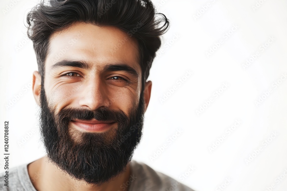 Fototapeta premium Smiling man with curly hair and beard on white background