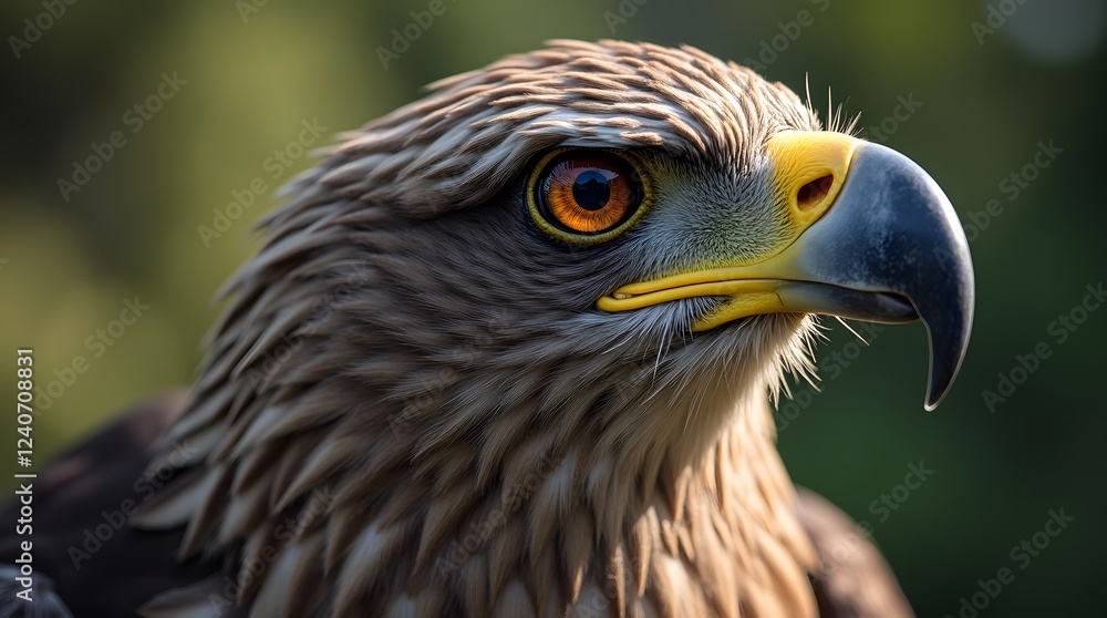 The head of the eagle is close -up. A predatory bird is hunting in the wild. Eagle close -up in the forest. Acute eagle vision. The head of the eagle is close -up. A predatory bird is hunting in the wild. Eagle close -up in the forest. Acute eagle vision.