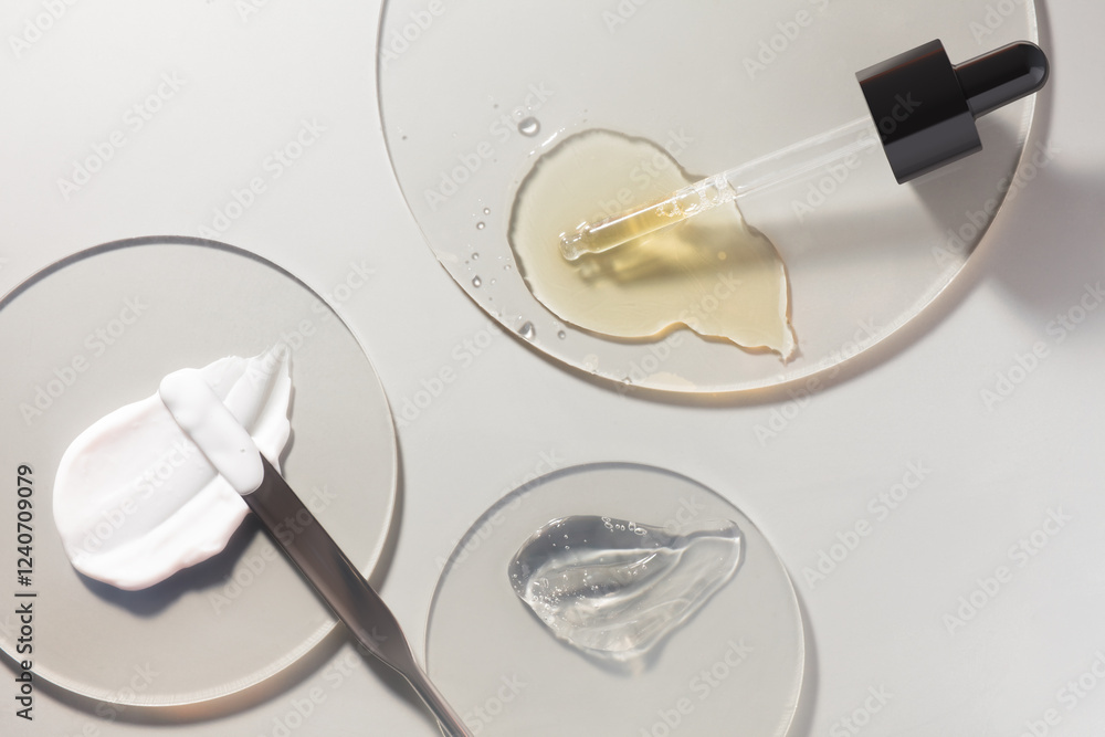 Cosmetic cream and gel and serum set smudge drops swatches with dropper and steel applicator stick on circle transparent plastic background Cosmetic cream and gel and serum set smudge drops swatches with dropper and steel applicator stick on circle transparent plastic background