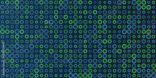 Dark Abstract Partially Faded Spotted Pattern, Circular Gradient Shapes, Circles with Random Sizes and Changing Colors of Blue and Green - Geometric Mosaic Texture, Vector Background Design